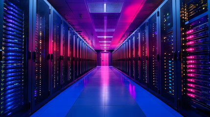 Fototapeta premium Server Room with Blue and Purple Lights - Realistic Photo