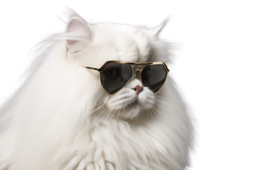 A white Persian cat with a luxurious mane, accessorized with oversized black sunglasses, posed against a stark white background