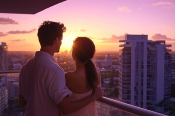 Couple admires the city sunset.
