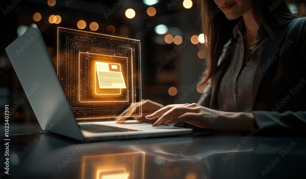Aufkleber Document management system concept and online documentation database. Businesswoman works on laptop with virtual screen.