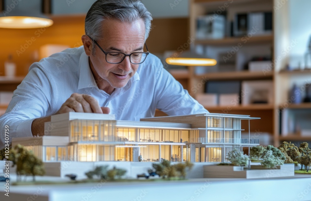 Poster a middle-aged architect with glasses is looking at an architectural model of his design project, whi