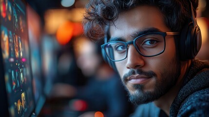 Obraz premium indian male game designer focused on his desktop computer creating immersive characters and worlds for a video game surrounded by a diverse bustling office environment
