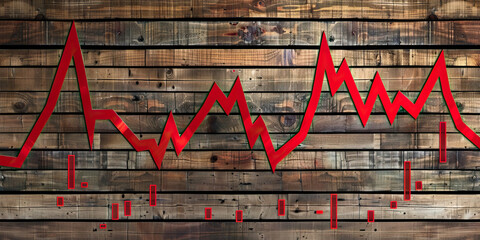Stock Price Fluctuations: Red Line Graphs on Rustic Wood Plank