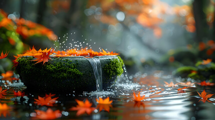 Autumn Leaves and Waterfall in Stone Bowl 3D Illustration