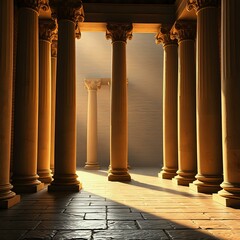 Fototapeta premium Majestic Architectural Hallway with Golden Columns in Natural Light