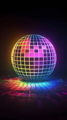 A neon rainbow disco ball glowing with vibrant colors on a black background