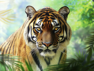 Fototapeta premium Portrait of a big tiger searching for prey in the wild Indian jungle
