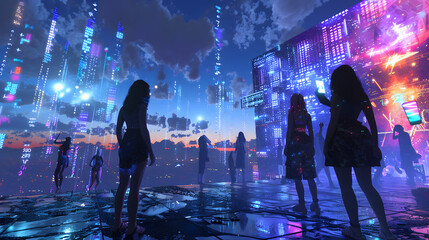 Digital rooftop party, mesh long sleeves with tactical cargo skirts, holographic phone accessories, platform cyber-sandals, city skyline with retro billboards, binary code projections, film nostalgia