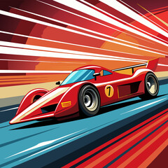 Obraz premium A vibrant, vector illustration of a sleek red race car speeding through a tunnel of light. The dynamic lines and bold colors evoke a sense of speed and excitement.