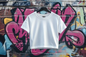 A cropped white shirt is showcased against a vibrant graffiti background full of colors and...