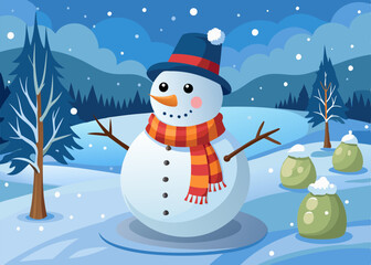 A cheerful snowman standing in a winter wonderland, wearing a hat and scarf. Perfect for adding a touch of festive joy to your designs.