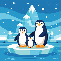 A cute illustration of a penguin family on an iceberg, perfect for children's books, educational materials, or any project related to Antarctica and the Arctic.
