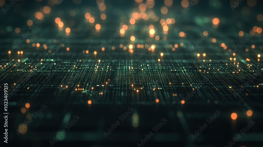 Poster abstract digital landscape with glowing lines and particles, representing data flow and technology.
