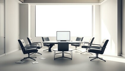 Modern Minimalist Conference Room with Natural Light and Wooden Table