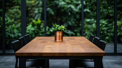 Fototapeta premium Wooden table with black chairs set in a garden setting.