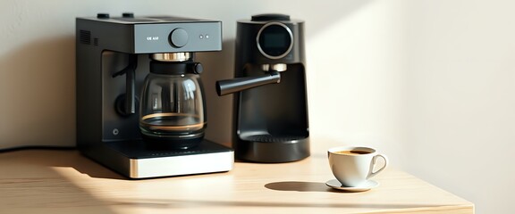 Modern Silver Coffee Maker with Digital Display and Glass Filter - 21:9 Aspect Ratio