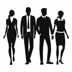 Silhouette of four business people walking in a row. Perfect for illustrating teamwork, collaboration, or a corporate environment. Use this simple.
