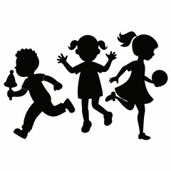 Silhouette illustration of three children playing together.  A boy runs, a girl dances, and another girl plays with a ball.  This fun image is perfect for projects for kids, school, or play.