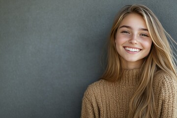 Obraz premium Cheerful Young Woman Smiling with Long Hair