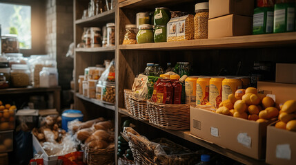 Stocked shelves filled with various goods, supplies, and food items