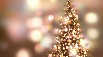 A festive Christmas tree adorned with twinkling lights against a shimmering background.
