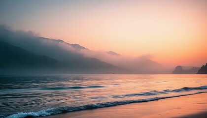 Obraz premium Sunset Over Mountainous Landscape with Golden Beach - Calm Sea Reflection