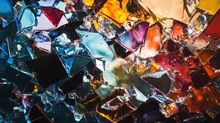 A macro view of colored glass fragments scattered on a surface, reflecting light in an explosion of shapes and colors