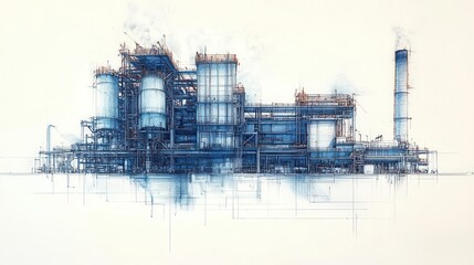 ink sketch of a large cogeneration power station highlighting the synergy of heat and power production the detailed lines and shading evoke a sense of industrial scale and efficiency