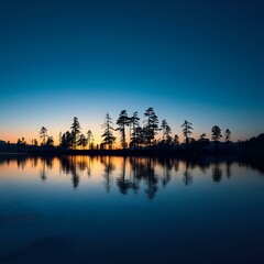 Naklejka premium Serene Lake Sunset Reflection - Calm Water & Colorful Sky