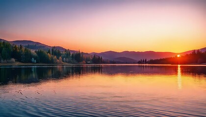 Fototapeta premium Serene Lake Sunrise with Rustling Trees - Peaceful Morning Landscape