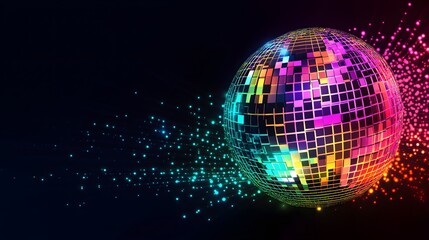 Obraz premium A neon rainbow disco ball glowing with vibrant colors on a black background