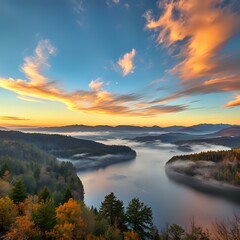Fototapeta premium Serene River in Dense Forest with Majestic Mountains Beyond, Peaceful Nature Landscape