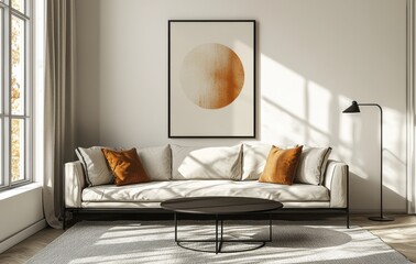 Elegant minimalist living room with abstract poster and modern decor