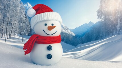Obraz premium A cheerful snowman wearing a red hat and scarf stands in a snowy mountain landscape.