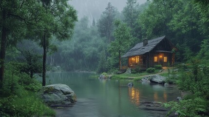 Fototapeta premium landscape of a cabin in the forest with rain weather