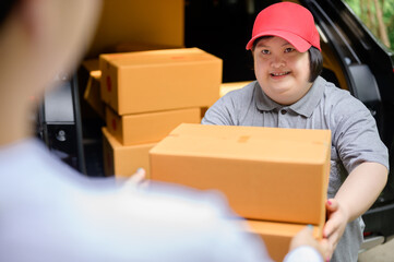 A delighted customer receives a parcel from a female disabled delivery man with Down syndrome, who...
