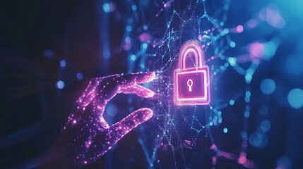 Digital hand reaching luminous lock on virtual network