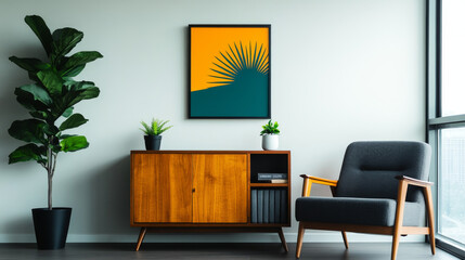 Minimalist living room with a mid-century modern armchair and a large houseplant.