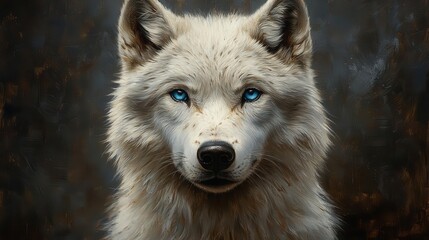 Obraz premium intense gaze of a white wolf its piercing blue eyes reflecting wisdom and wildness the stark contrast of its fur against deep shadows emphasizes the beauty of this majestic creature