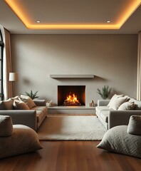 Fototapeta premium Cozy Living Room with Fireplace, Gray Sofas, and Plants