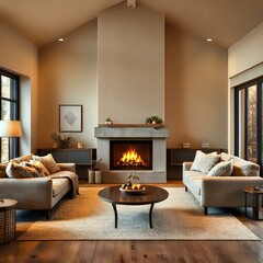 Fototapeta premium Cozy Living Room with Stone Fireplace and Natural Light