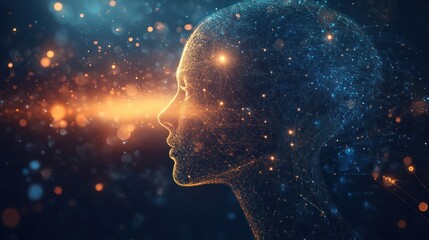 Digital head silhouette with radiating luminous beams