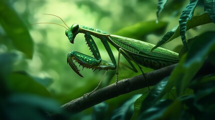 A green praying grasshopper is perched on a leafy branch. Concept of nature and tranquility, as the insect is surrounded by lush greenery