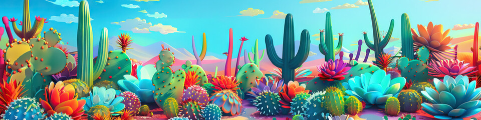 A colorful, whimsical rendering of a Mexican cactus garden, its prickly shapes and vibrant hues contrasting against the desert backdrop.