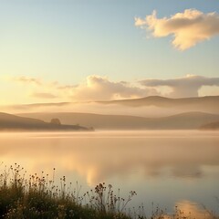 Fototapeta premium Breathtaking Sunset Over Serene Lake with Mountains