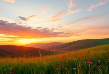 Sunrise/Sunset Over Green Fields with Pink Flowers - Serene Landscape