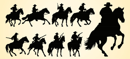 Silhouettes of cowboys riding horses, some holding rifles, representing scenes of the Wild West in various dynamic poses.