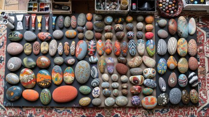 Colorful Painted Stones Display on a Table