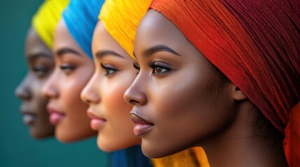 Four women in colorful head wraps, profile view