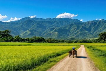 Obraz premium Farmer Riding Horse Drawn Cart on Dusty Road